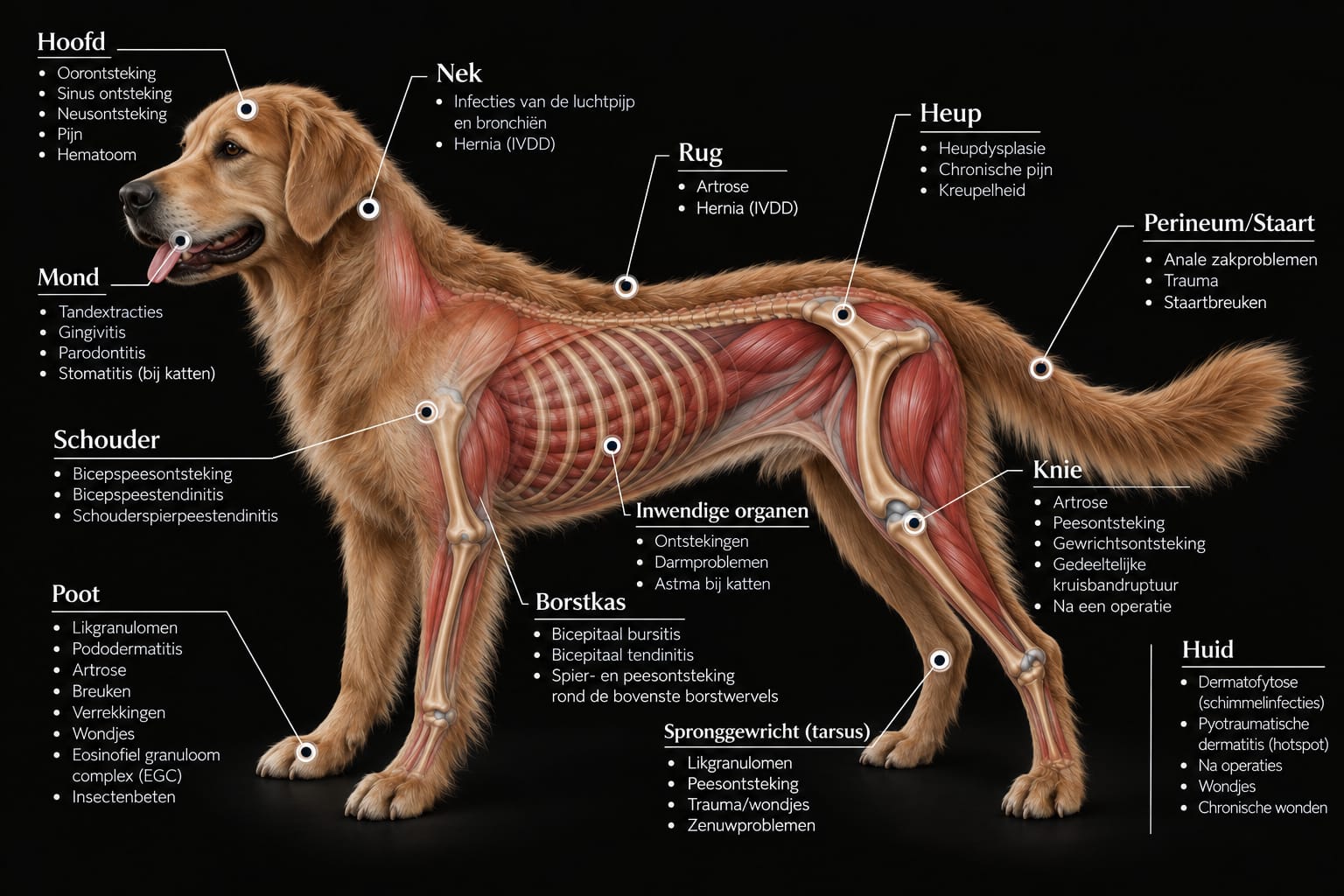 Overzicht van indicaties voor lasertherapie bij de hond, van hoofd tot staart